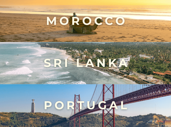 Destination collage: Moroccan beach dune, aerial Sri Lankan coastline, and Lisbon's 25 de Abril bridge in Portugal