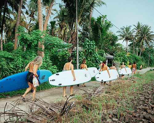 Group of surfers carrying boards along a palm-lined path near the coast